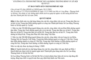 Quyết định 45/2009/QĐ-UBND quy định mức trợ cấp hàng tháng cho cán bộ, công nhân viên Trung tâm Bảo trợ xã hội và các Trung tâm Điều dưỡng