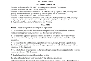 Decision No. 07/2009/QD-TTg of January 15, 2009, promulgating the conditions and procedures for establishment, operation suspension, merger, division, separation and dissolution of universities.