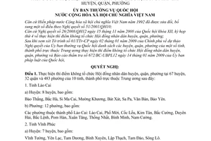 Nghị quyết 724/2009/NQ-UBTVQH12 danh sách huyện, quận, phường của tỉnh,thành phố trực thuộc Trung ương thí điểm không tổ chức HĐND quận, huyện, phường