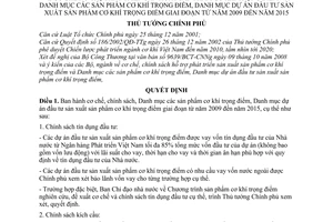 Quyết định 10/2009/QĐ-TTg  cơ chế hỗ trợ phát triển sản xuất sản phẩm cơ khí trọng điểm và danh mục các sản phẩm cơ khí trọng điểm