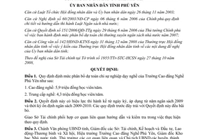 Quyết định 125/2009/QĐ-UBND phân bổ dự toán chi sự nghiệp dạy nghề Phú Yên