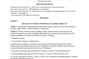 Decree No. 05/2009/ND-CP of January 19, 2009, detailing the implementation of the Ordinance on Royalties and the ordinance amending and supplementing article 6 of the Ordinance on Royalties.