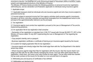 Circular No. 10/2009/TT-BTC of January 21, 2009, guiding personal income tax registration, withholding tax, and tax declaration and finalization applicable to individuals being insurance agents.