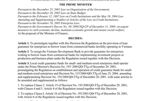 Decision No. 14/2009/QD-TTg of January 21, 2009, promulgating the regulation on the provision of guarantee for enterprises to borrow loans from commercial banks.