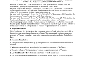 Circular No. 17/2009/TT-BTC of January 22, 2009, guiding the deduction, remittance and use of trade union dues by foreign-invested enterprises and executive offices of foreign parties to business cooperation contracts