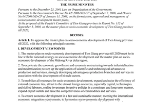 Decision No. 17/2009/QD-TTg of January 22, 2009, approving the master plan on socio-economic development of Tien Giang province till 2020.