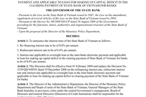 Decision No. 173/QD-NHNN of January 23, 2009, on refinancing interest rate, rediscount interest rate and interest rate applicable to overnight loan in the Inter-bank electronic payment and applicable to loan for making up capital deficit in the clearing payment of state bank of Vietnam for banks
