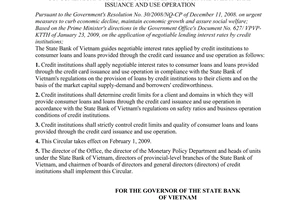 Circular No. 01/2009/TT-NHNN of January 23, 2009, guiding negotiable interest rates applied by credit institutions to consumer loans and loans provided through the credit card issuance and use operation.