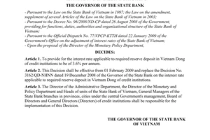 Decision No. 174/QD-NHNN of January 23, 2009, on the interest rate applicable to required reserve deposit in Vietnam dong of credit institutions