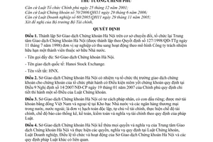 Quyết định  01/2009/QĐ-TTg thành lập Sở Giao dịch Chứng khoán Hà Nội