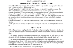 Quyết định  123/QĐ-BTNMT  ủy quyền cho quyền Cục trưởng Cục Địa chất và Khoáng sản Việt Nam ký thừa ủy quyền Bộ trưởng các văn bản liên quan