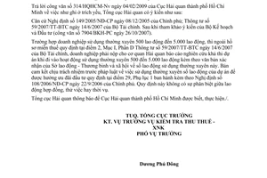 Công văn 1010/TCHQ-KTTTthủ tục ưu đãi đầu tư, doanh nghiệp sử dụng thường xuyên 500 lao động đến 5.000 lao động