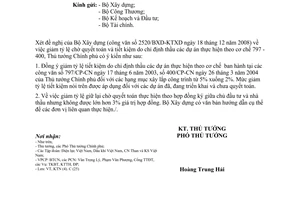 Công văn 174/TTg-KTN giảm tỷ lệ chờ quyết toán và tiết kiệm do chỉ định thầu các dự án thực hiện theo cơ chế 797 - 400