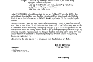 Công văn 223/BXD-KTXD hướng dẫn thực hiện giảm tỷ lệ giữ lại chờ quyết toán khi hoàn thành các dự án thực hiện theo cơ chế 797 - 400