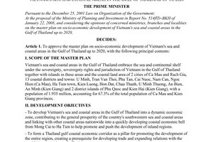 Decision No. 18/2009/QD-TTg of February 3, 2009, approving the master plan on socio-economic development of Vietnam's sea and coastal areas in the gulf of Thailand up to 2020.