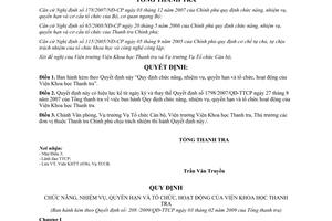 Quyết định 208/2009/QĐ-TTCP chức năng, nhiệm vụ, quyền hạn và tổ chức