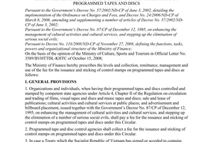 Circular No. 21/2009/TT-BTC of February 4, 2009, prescribing the levels and collection, remittance, management and use of the fee for issuance and sticking of control stamps on programmed tapes and discs