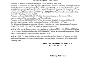 Circular No. 25/2009/TT-BTC of February 05, 2009, guiding export duty rates applicable to a number of lines of goods on the export tariff list.