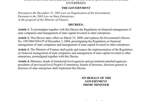 Decree No. 09/2009/ND-CP of February 5, 2009, promulgating the regulation on financial management of state companies and management of state capital invested in other enterprises