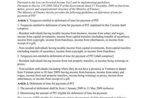 Circular No 27/2009/TT-BTC of February 06, 2009, on deferment of time for payment of personal income tax.