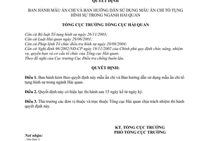 Quyết định 228/QĐ-TCHQ mẫu ấn chỉ và bản hướng dẫn sử dụng mẫu ấn chỉ tố tụng hình sự trong ngành Hải Quan