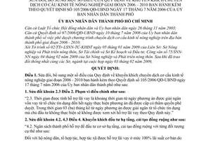 Quyết định 15/2009/QĐ-UBND sửa đổi điều của Quy định về khuyến khích chuyển dịch cơ cấu kinh tế nông nghiệp giai đoạn 2006 -2010