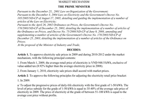 Decision No. 21/2009/QD-TTg of February 12, 2009, on electricity sale prices in 2009 and during 2010-2012 under the market mechanism