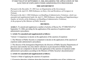 Decree No. 15/2009/ND-CP of February 13, 2009, amending and supplementing a number of articles of Decree No. 97/20067/ND-CP of September 15, 2006, regarding the application of the sanction of expulsion under administrative procedures