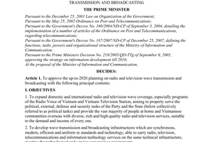 Decision No. 22/2009/QD-TTg of February 16, 2009, approving the up-to-2020 planning for radio and television wave transmission and broadcasting