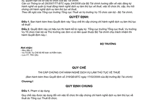 Quyết định  316/QĐ-BTC  quy chế thi cấp chứng chỉ hành nghề dịch vụ làm thủ tục  thuế