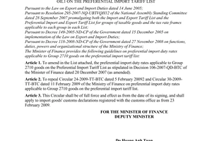 Circular No. 33/2009/TT-BTC of February 19, 2009, guiding preferential import duty rates applicable to gasoline and oil1 on the preferential import tariff list.