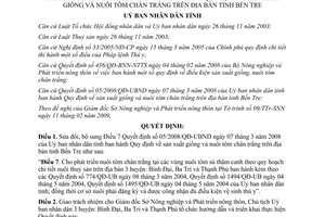 Quyết định 02/2009/QĐ-UBND sửa đổi 05/2008/QĐ-UBND sản xuất giống nuôi tôm chân trắng Bến Tre