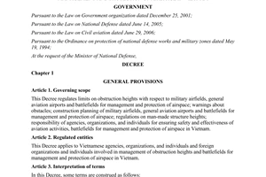 Decree No. 20/2009/ND-CP obstruction heights battledields management protection of airspace Vietnam 2009