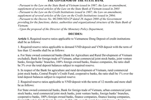 Decision No. 379/QD-NHNN of February 24, 2009, on the adjustment of required reserve ratio of credit institutions