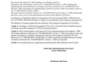 Circular No. 37/2009/TT-BTC of February 26, 2009, guiding the non-collection of the charge for granting certificates of origin (C/O)