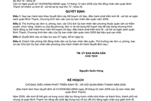 Quyết định  01/2009/QĐ-UBND kế hoạch chỉ đạo, điều hành phát triển kinh tế - xã hội và ngân sách quận Bình Thạnh