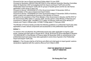 Circular No. 38/2009/TT-BTC of February 27, 2009, amending preferential import duty rates applicable to motor vehicle components and accessories on the preferential import tariff list