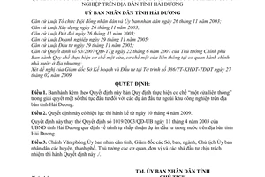 Quyết định 03/2009/QĐ-UBND  quy định thực hiện cơ chế “một cửa liên thông” dự án đầu tư ngoài khu công nghiệp trên địa bàn Hải Dương
