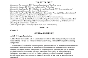 Decree of Government No. 28/2009/ND-CP of March 20, 2009, on sanctioning of administrative violations in the management, provision and use of internet services and online information