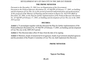 Decision No. 366/QD-TTg of March 20, 2009, promulgating the plan for further implementation of the Political Bureau's Resolution No. 45-NQ/TW of February 17, 2005, on building and development of Can Tho city in the 2009-2015 period
