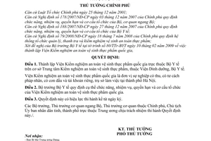 Quyết định  376/QĐ-TTg  thành lập Viện Kiểm nghiệm an toàn vệ sinh thực phẩm quốc gia trực thuộc Bộ Y tế