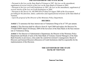 Decision No. 626/QD-NHNN of March 24, 2009, on the base interest rate in Vietnamese dong