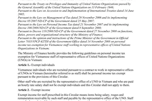Circular No. 57/2009/TT-BTC of March 24, 2009, guiding personal income tax exemption for Vietnamese staff of representative offices of United Nations Organizations in Vietnam