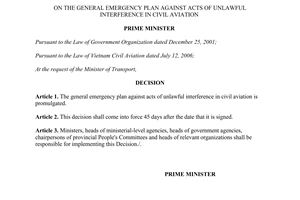 Decision 44/2009/QD-TTg general emergency plan against acts of unlawful interference civil aviation