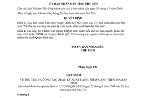 Quyết định 510/2009/QĐ-UBND thủ tục công tác quản lý xuất nhập cảnh Phú Yên