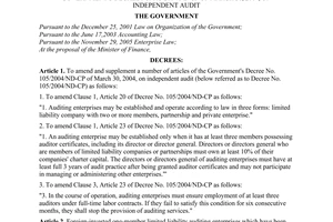 Decree of Government No. 30/2009/ND-CP of March 30, 2009, amending and supplementing a number of articles of the Government's Decree No. 105/2004/ND-CP of March 30, 2004, on independent audit