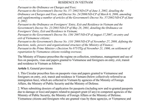 Circular No. 66/2009/TT-BTC of March 30, 2009, prescribing the regime on collection, remittance, management and use of fees on passports, visas and papers on entry, exit, transit and residence in Vietnam