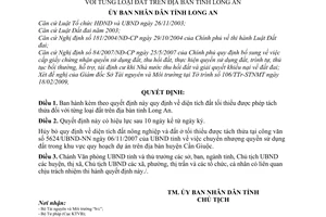 Quyết định  11/2009/QĐ-UBND quy định  diện tích đất tối thiểu được phép tách thửa đối với từng loại đất trên địa bàn tỉnh Long An