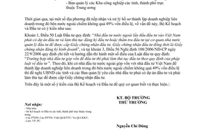 Công văn 1752/BKH-PC thủ tục thành lập doanh nghiệp liên doanh trong trường hợp bên nước ngoài chiếm dưới 49% vốn điều lệ