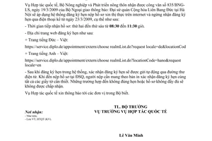 Công văn 1937/BNN-HTQT đăng ký hẹn nộp hồ sơ xin thị thực tại Đại sứ quán Đức ban hành